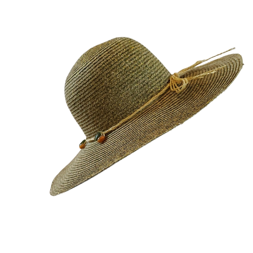 Tan Woven Sun Hat with Wide Brim and Decorative Cord